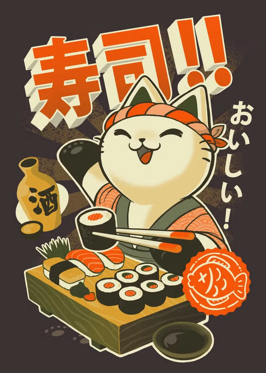 Kot szef kuchni z sushi i ramenem - plakat Biały