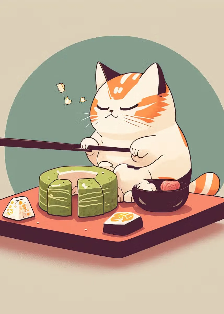 Kot szef kuchni z sushi i ramenem - plakat Czarny