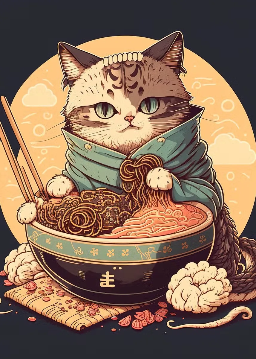 Kot szef kuchni z sushi i ramenem - plakat Czerwony