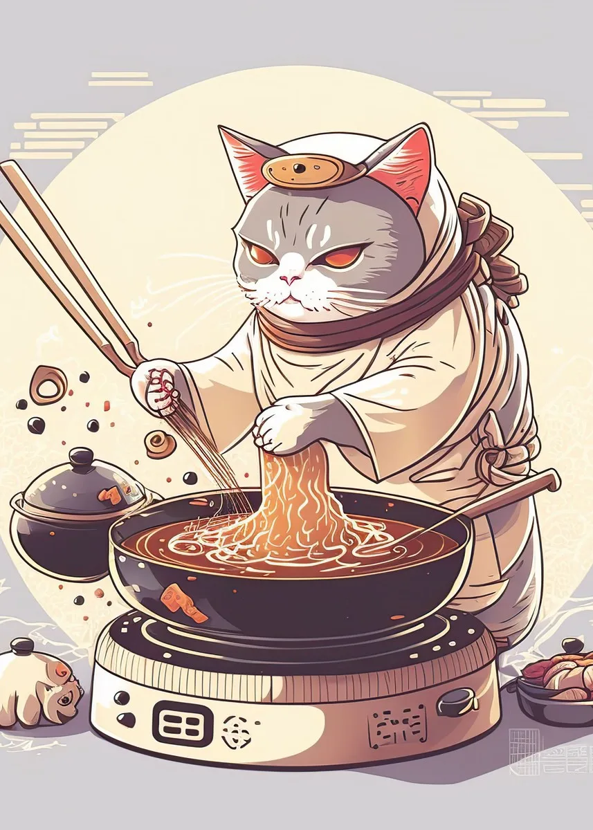 Kot szef kuchni z sushi i ramenem - plakat Fioletowy