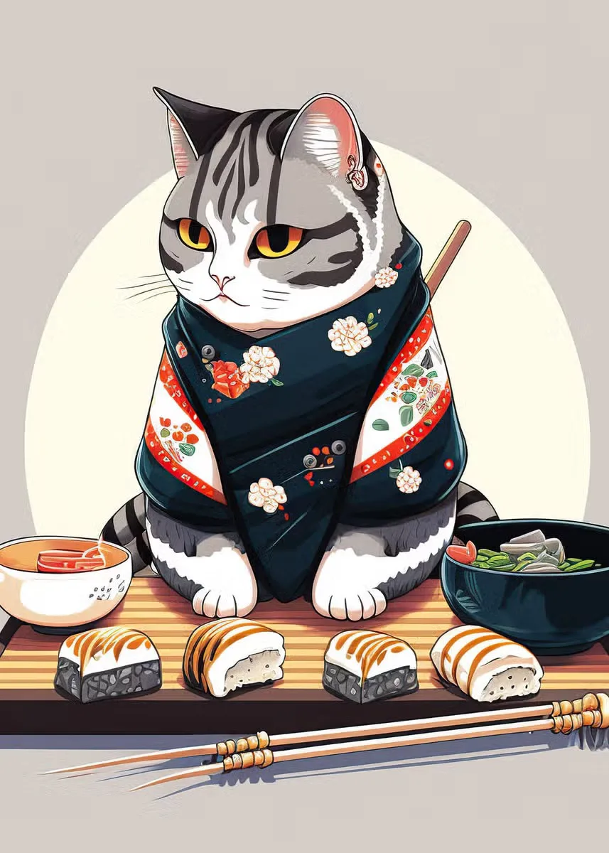 Kot szef kuchni z sushi i ramenem - plakat Jasnozielony