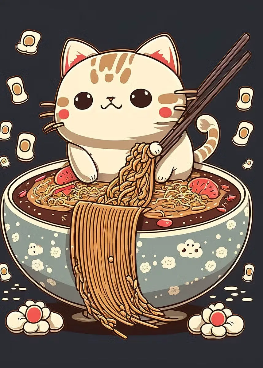 Kot szef kuchni z sushi i ramenem - plakat Pomarańczowy