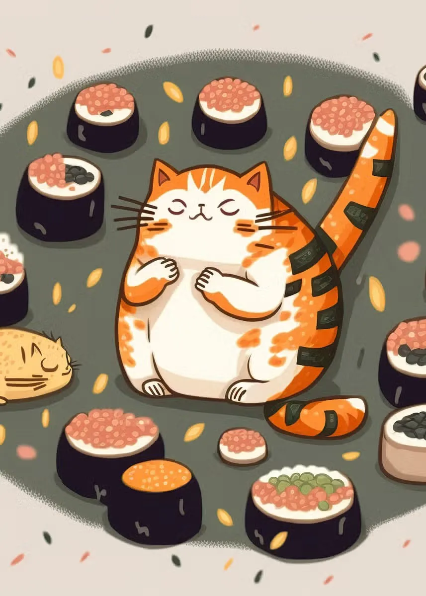 Kot szef kuchni z sushi i ramenem - plakat Zielony