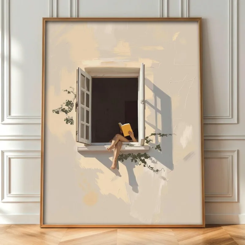 Książka w oknie – minimalistyczny plakat Czerwony