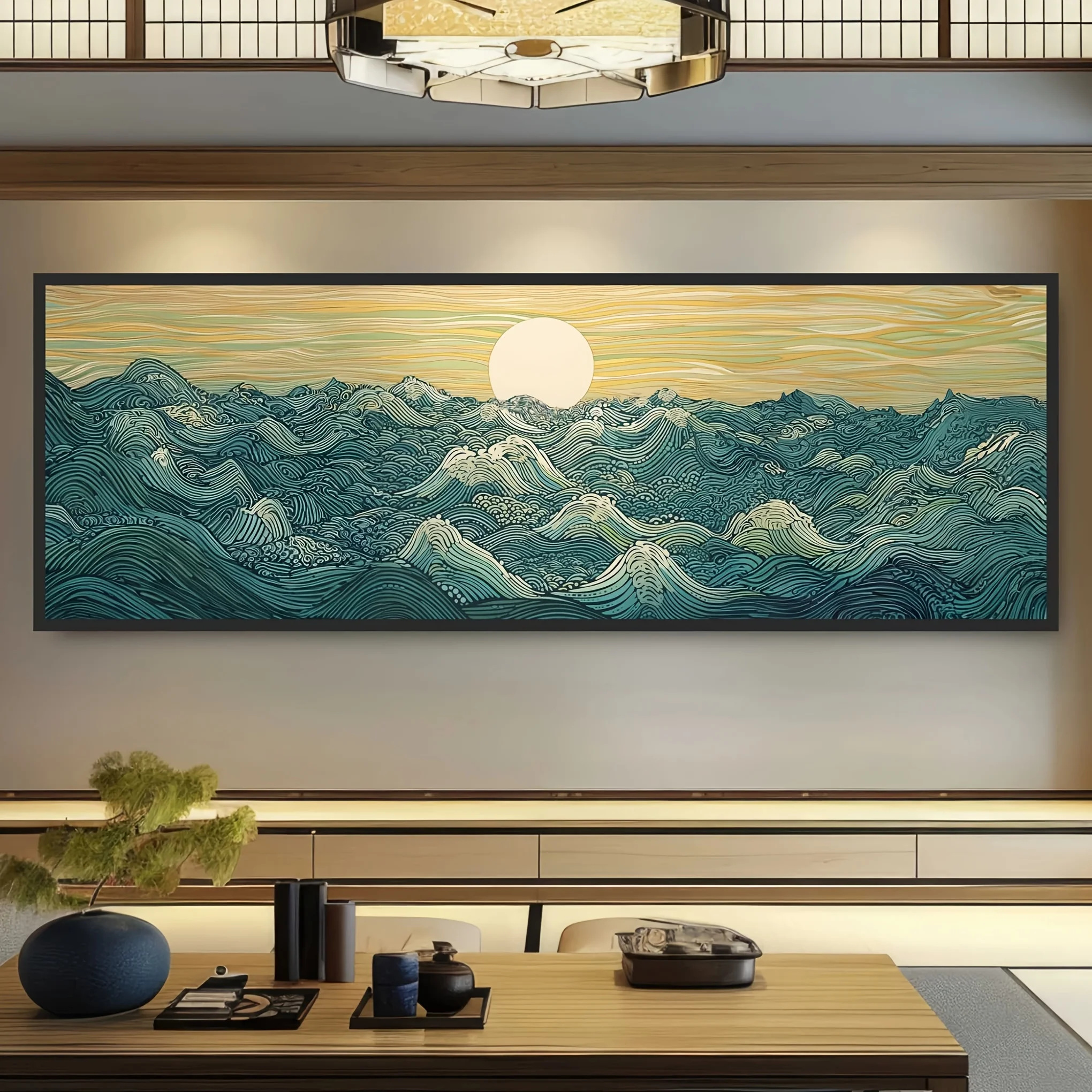 Księżyc i fale ukiyo-e - plakat panoramiczny Biały