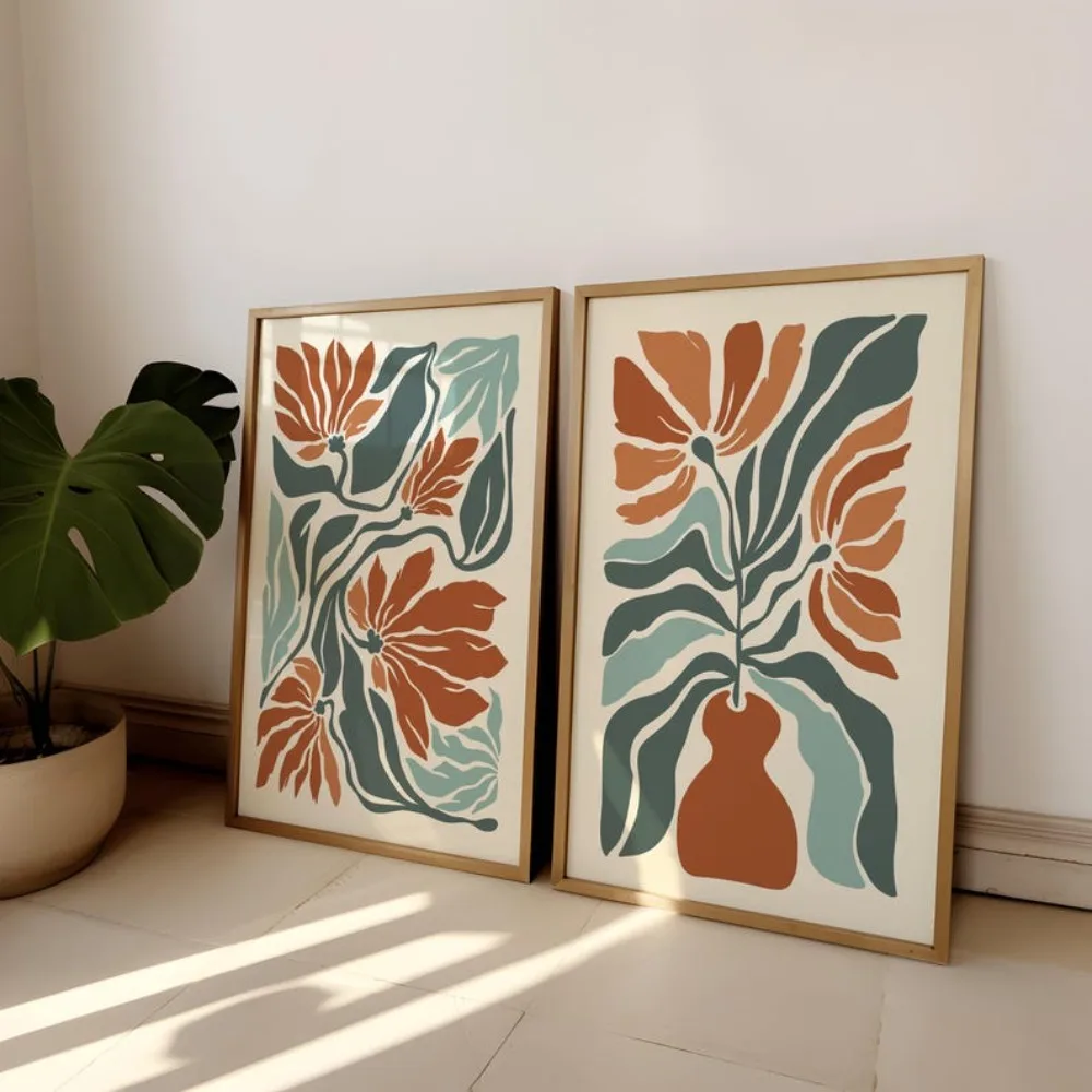 Kwiaty boho w stylu mid-century Biały