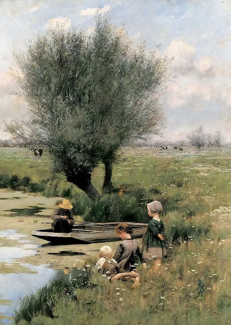 Kwitnący ogród nad rzeką w stylu vintage Biały