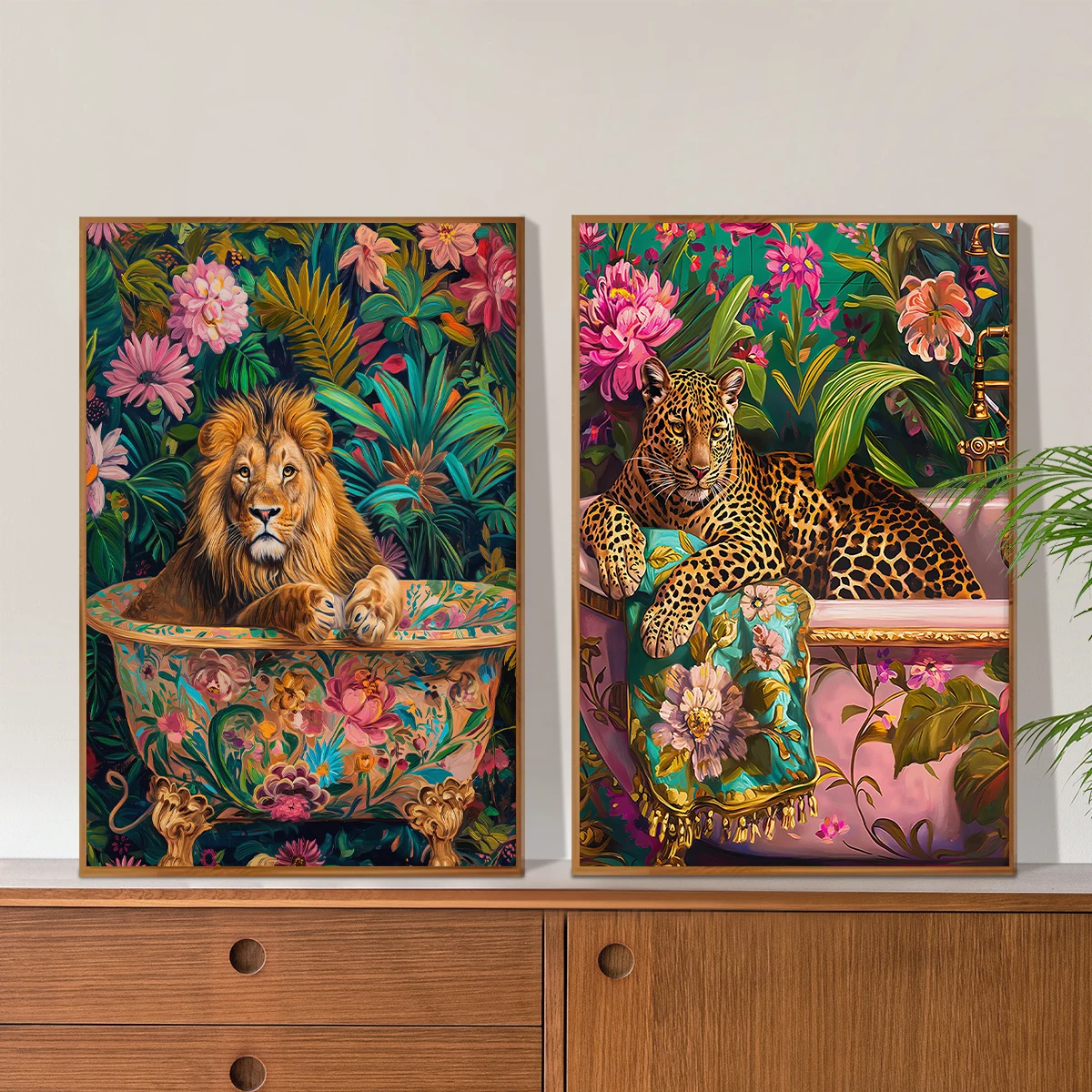 Lew w wannie - kolorowy plakat boho do łazienki Biały