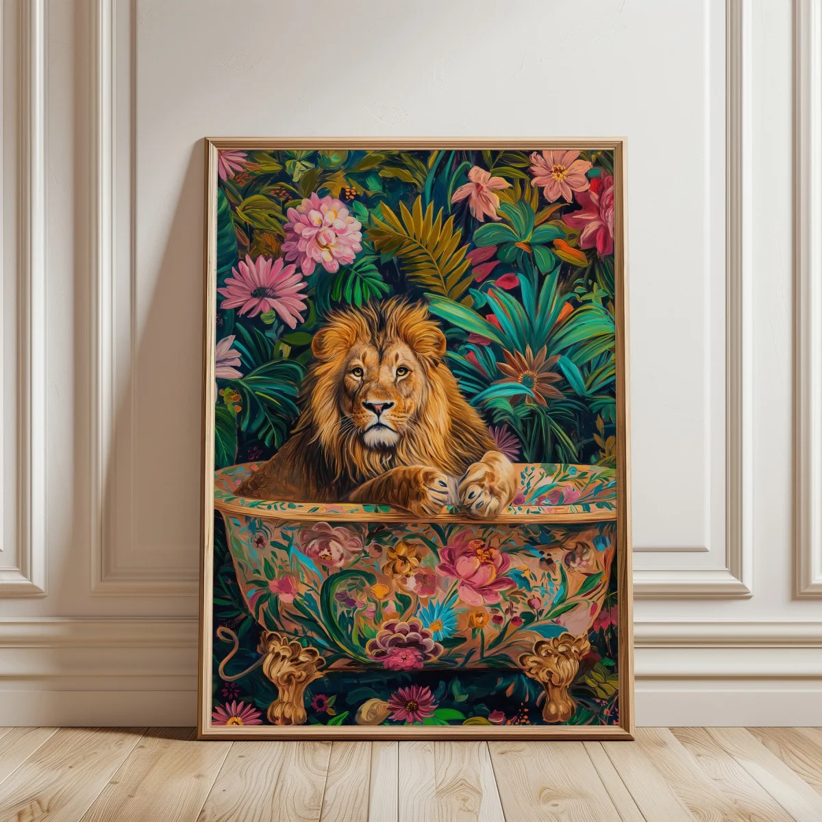 Lew w wannie - kolorowy plakat boho do łazienki żółty