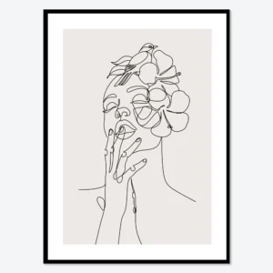 Minimalistyczny line art z kobietą i kwiatami Jasny