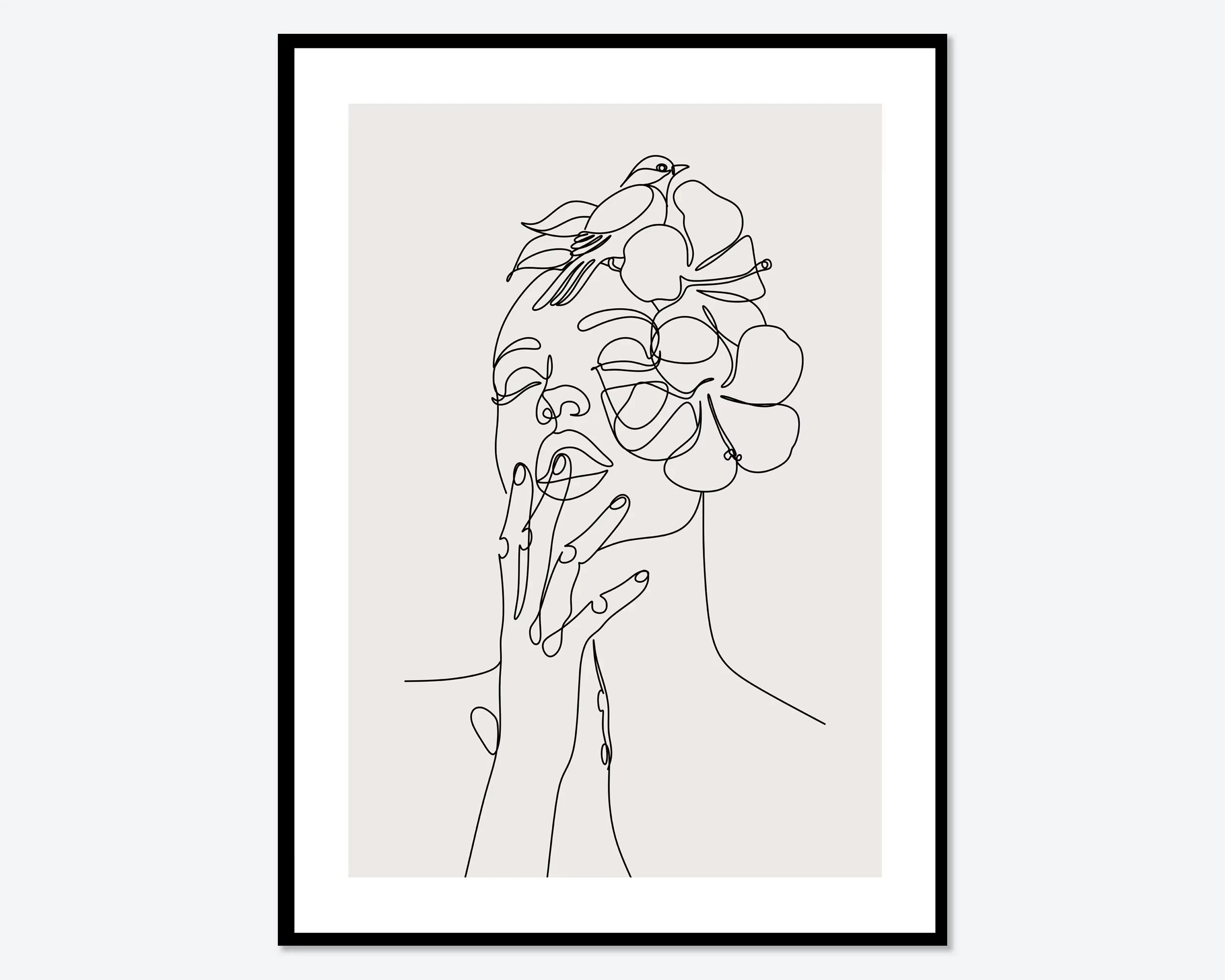 Minimalistyczny line art z kobietą i kwiatami Jasny