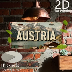 Metalowa tablica retro alpejskie góry i jezioro Biały