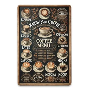 Coffee Menu - metalowy plakat vintage do kuchni Biały