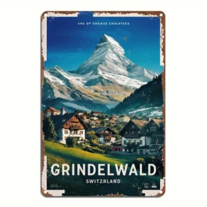 Metalowy plakat retro góry alpejskie Grindelwald Biały