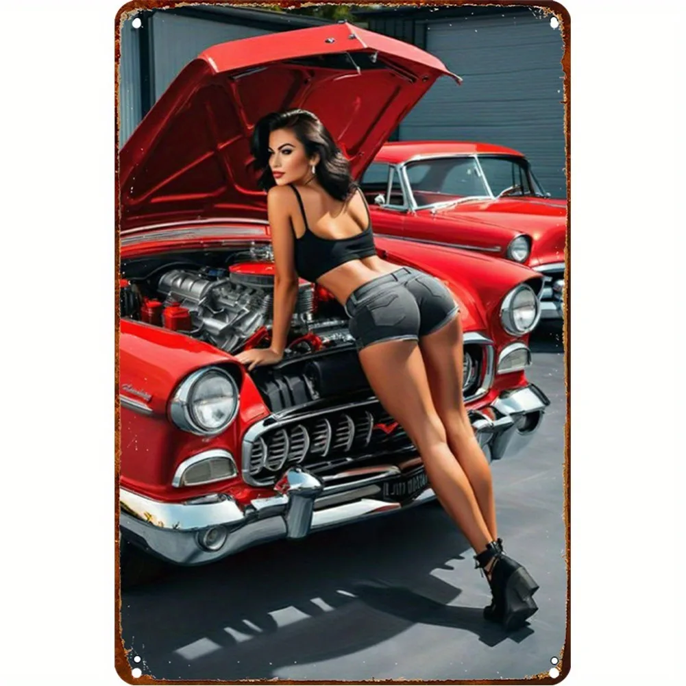 Metalowy szyld retro - pin-up i klasyczne auto Biały