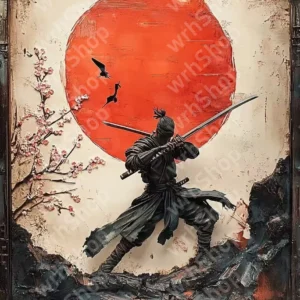 Samuraj Ninja - metalowy szyld vintage Burgundia