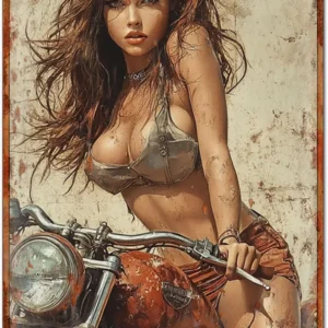 Metalowy szyld vintage dziewczyna z motocyklem 