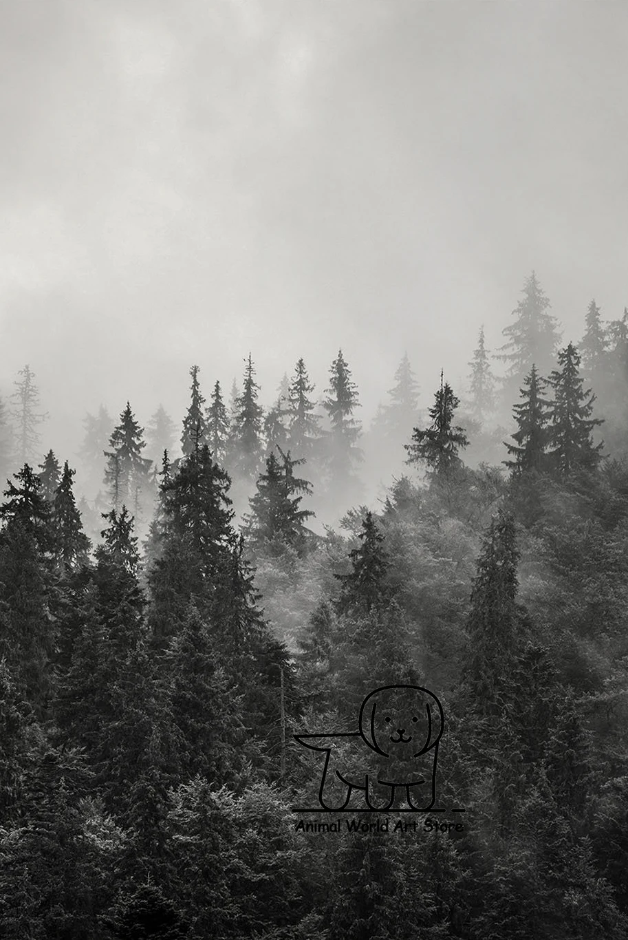 Mglisty sosnowy las w górach - plakat czarno-biały Czerwony