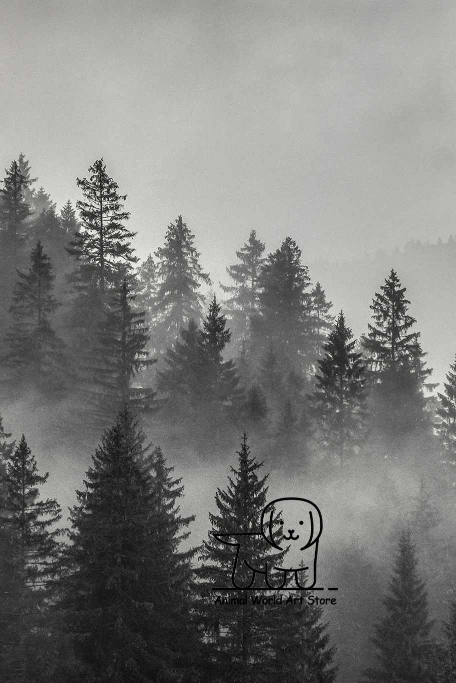 Mglisty sosnowy las w górach - plakat czarno-biały żółty