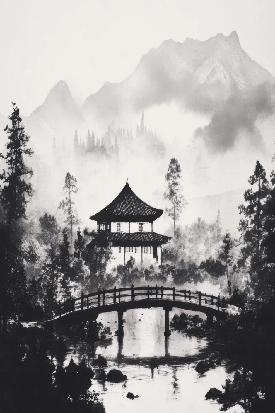 Mnisi przy pagodzie - plakat zen Biały