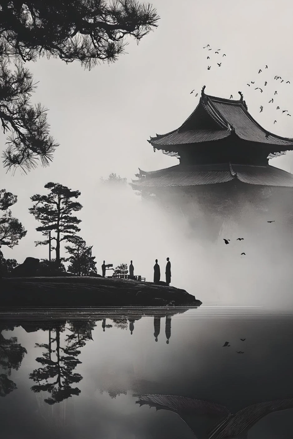 Mnisi przy pagodzie - plakat zen Burgundia