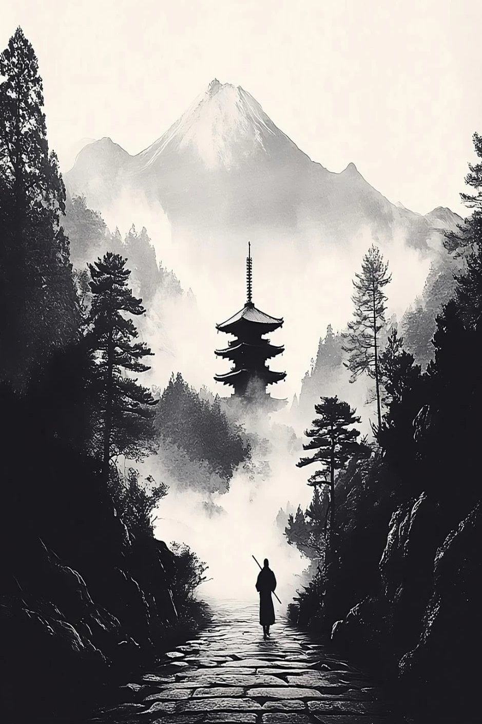 Mnisi przy pagodzie - plakat zen Czerwony