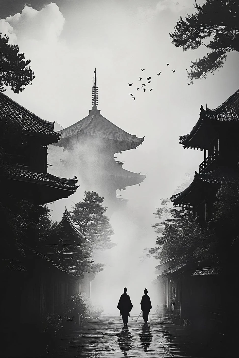 Mnisi przy pagodzie - plakat zen Fioletowy