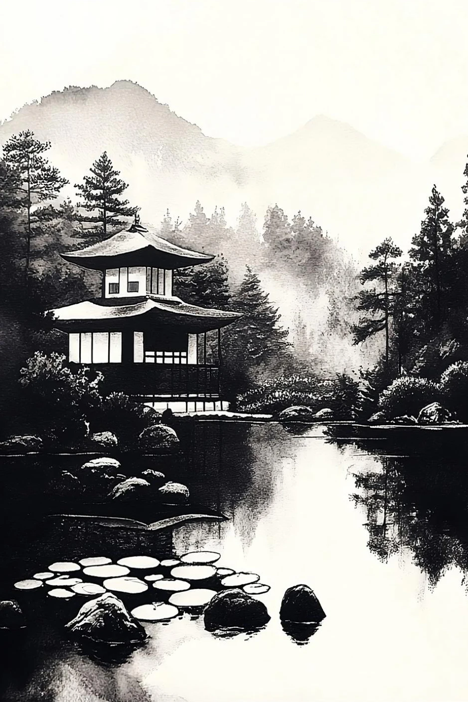 Mnisi przy pagodzie - plakat zen Granatowy