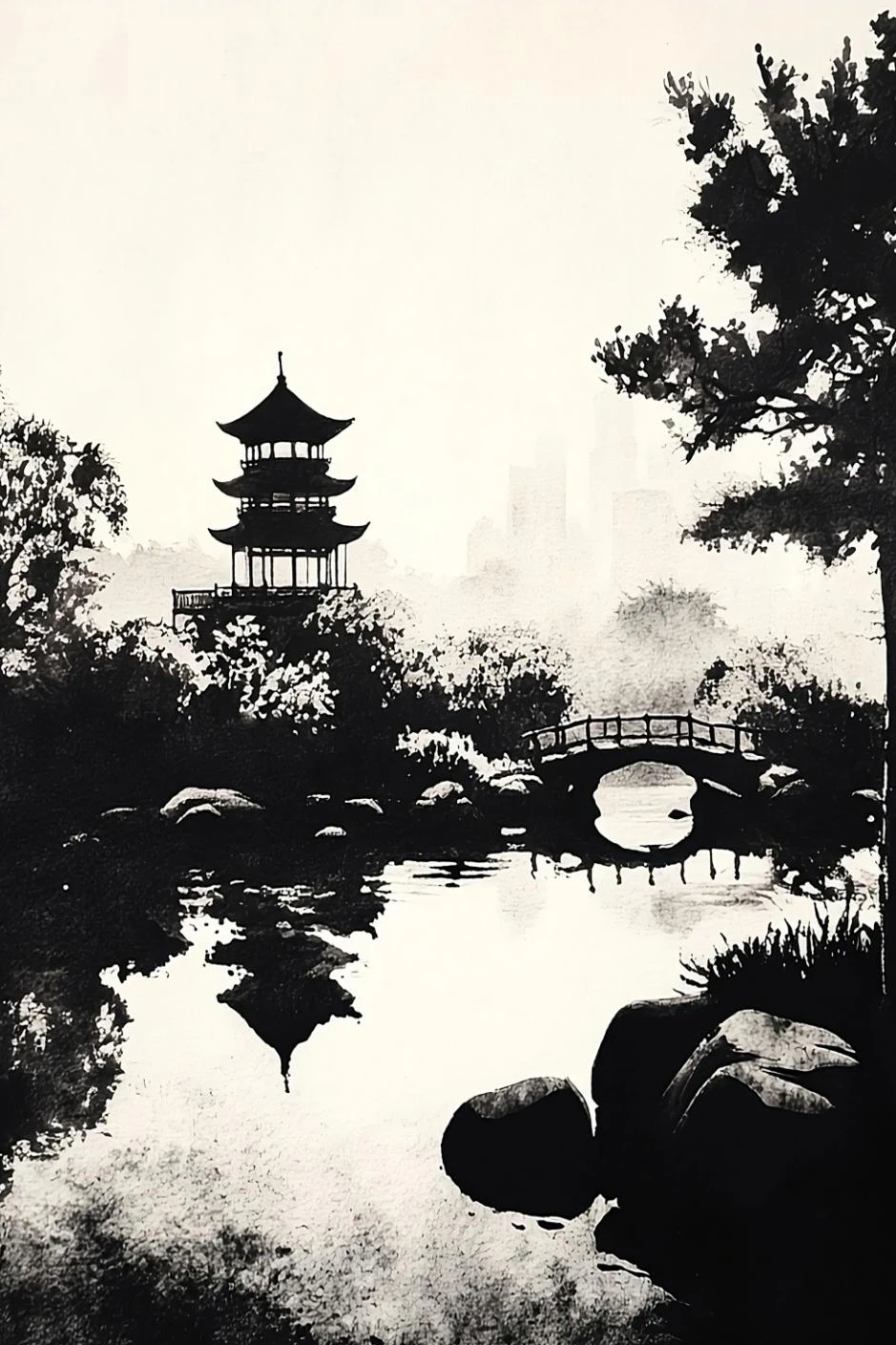 Mnisi przy pagodzie - plakat zen Jasnoszary