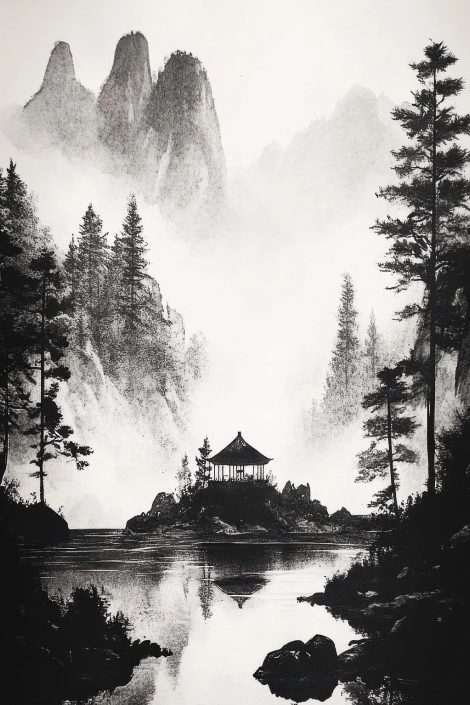 Mnisi przy pagodzie - plakat zen Zielony