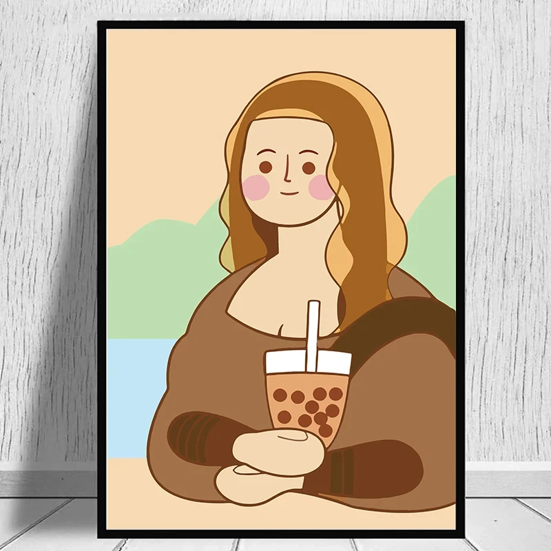 Zabawna Mona Lisa z bubble tea Niebieski