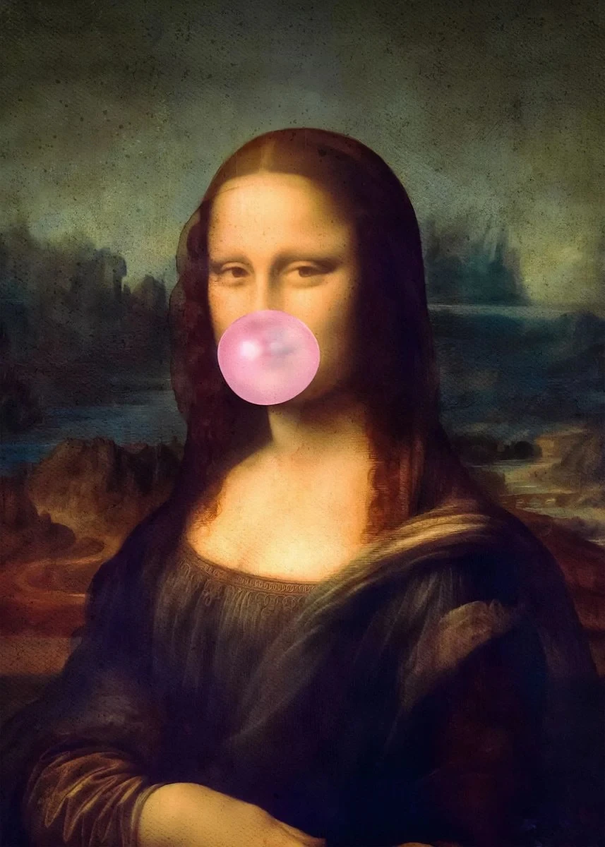 Mona Lisa z gumą balonową - plakat pop-art żółty