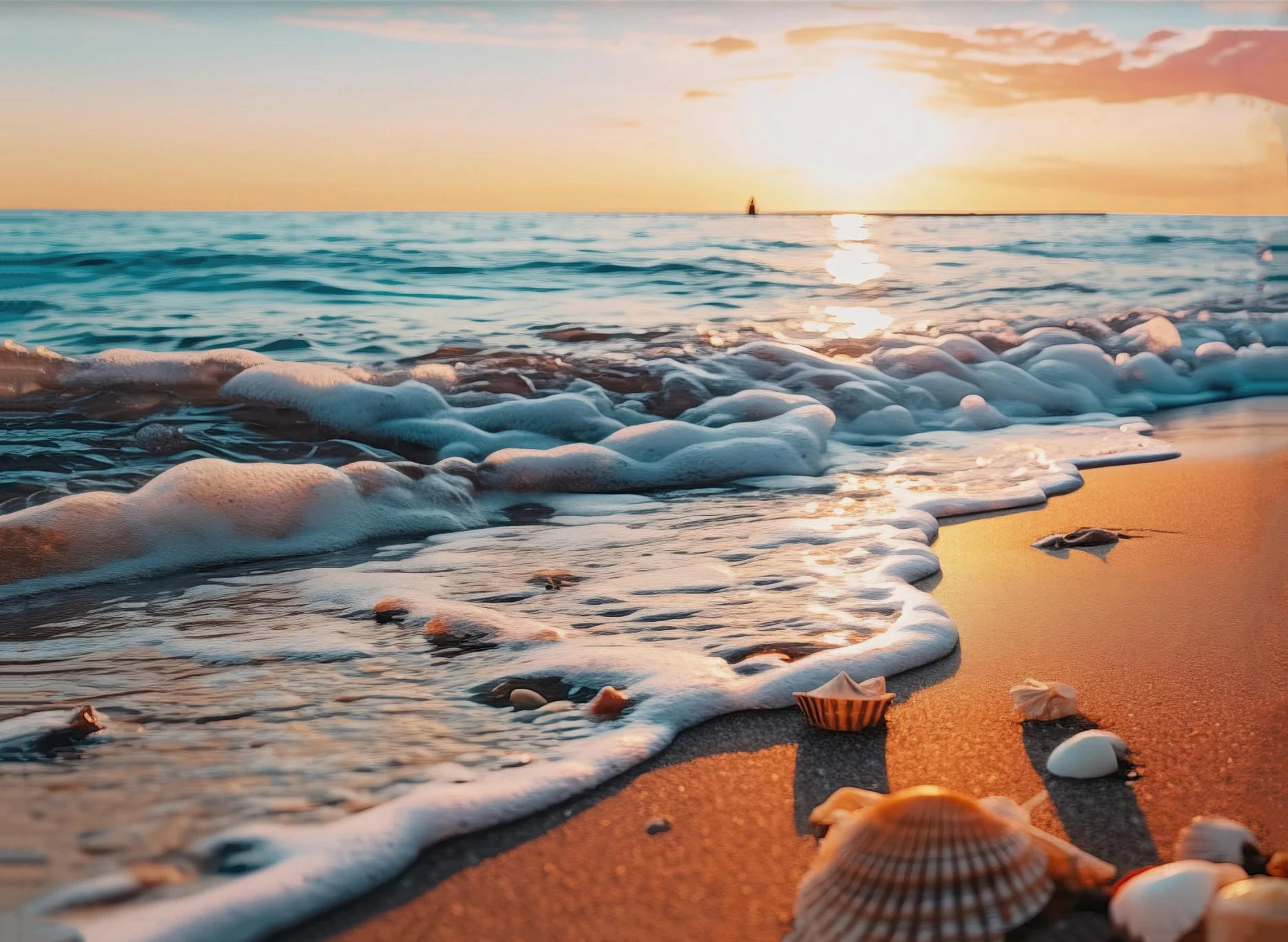 Morze i plaża o zachodzie – plakat z naturą Niebieski
