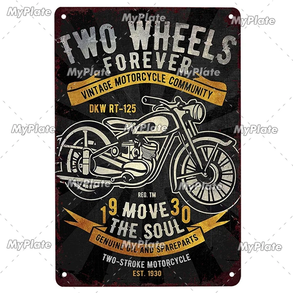 Motocykl vintage - metalowa tabliczka do garażu Jasnoszary