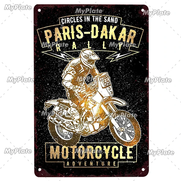 Motocykl vintage - metalowa tabliczka do garażu żółty