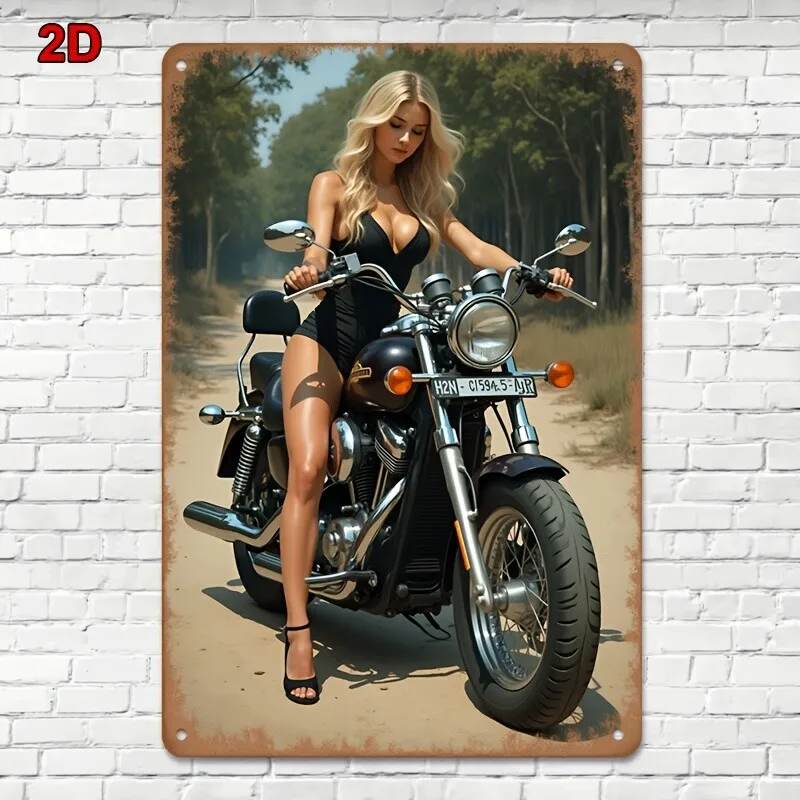 Motocyklista vintage - metalowy szyld żelazny Biały