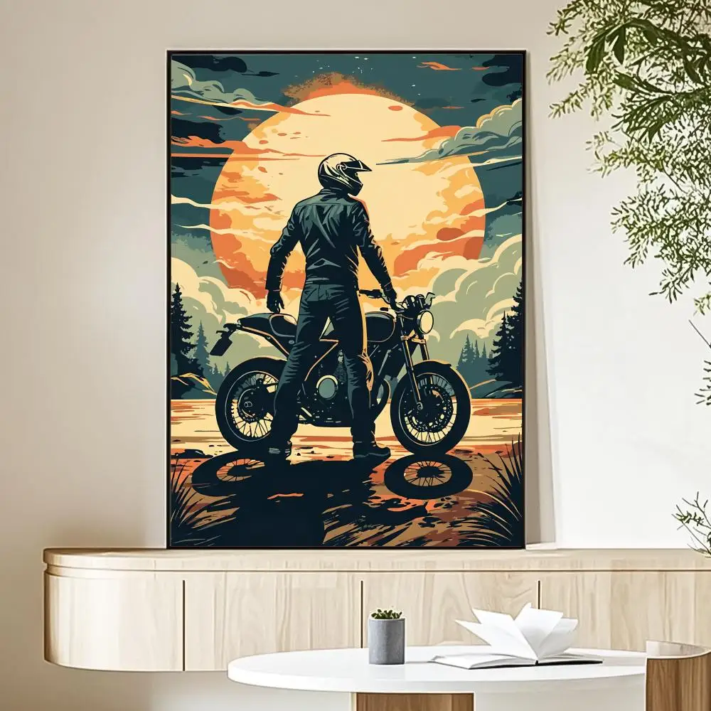 Motocyklista o zachodzie słońca - plakat na płótnie Biały