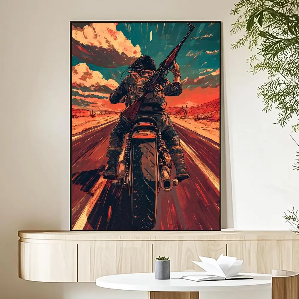 Motocyklista o zachodzie słońca - plakat na płótnie Burgundia