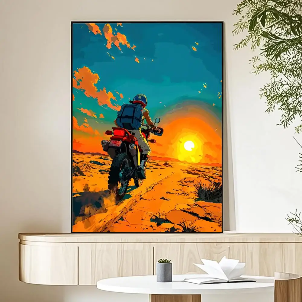 Motocyklista o zachodzie słońca - plakat na płótnie Granatowy
