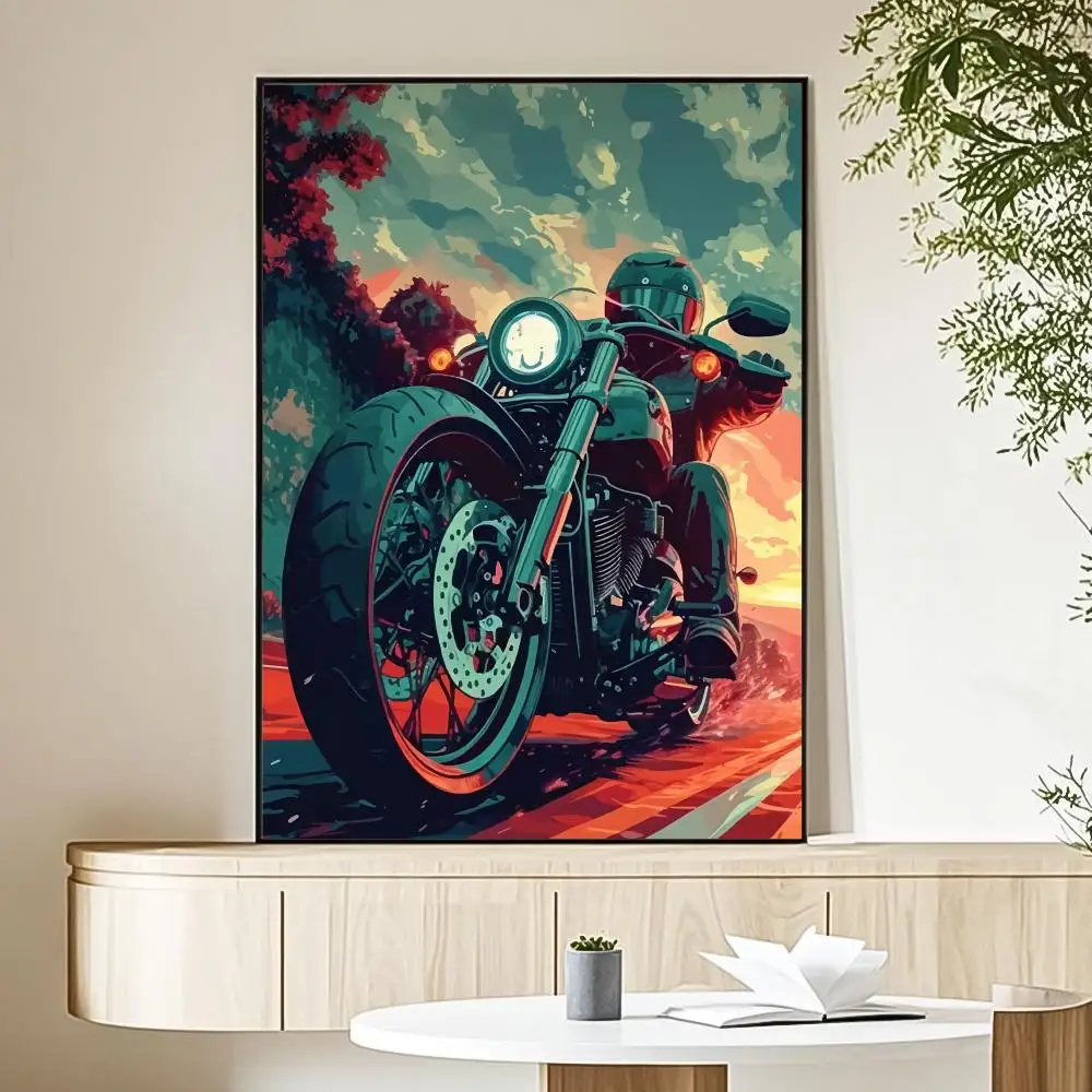 Motocyklista o zachodzie słońca - plakat na płótnie Jasnoszary