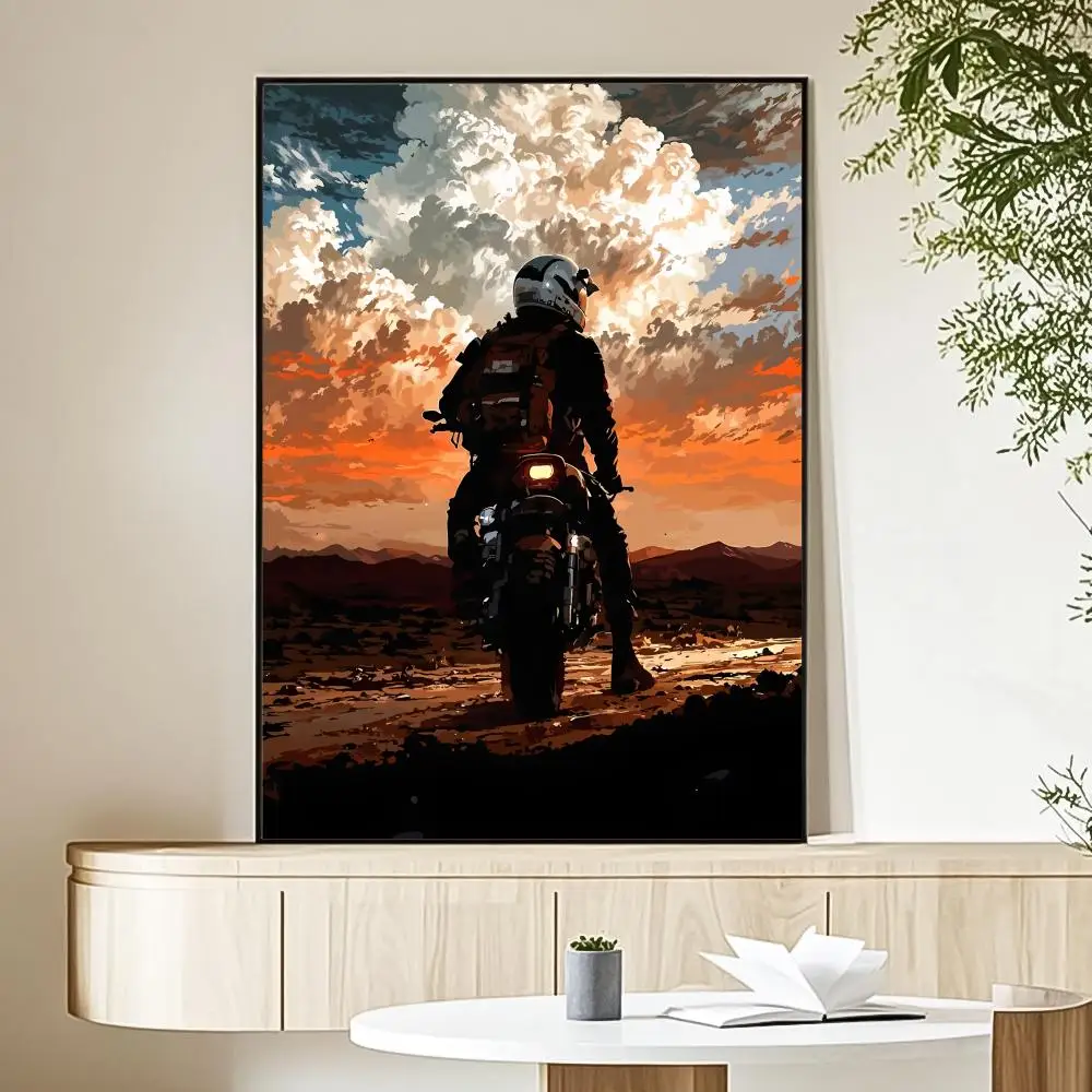 Motocyklista o zachodzie słońca - plakat na płótnie Niebieski