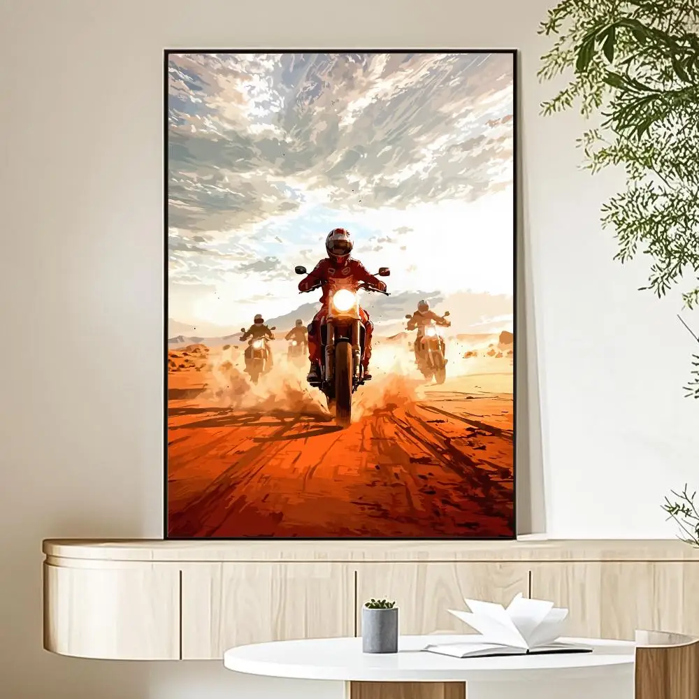 Motocyklista o zachodzie słońca - plakat na płótnie Zielony