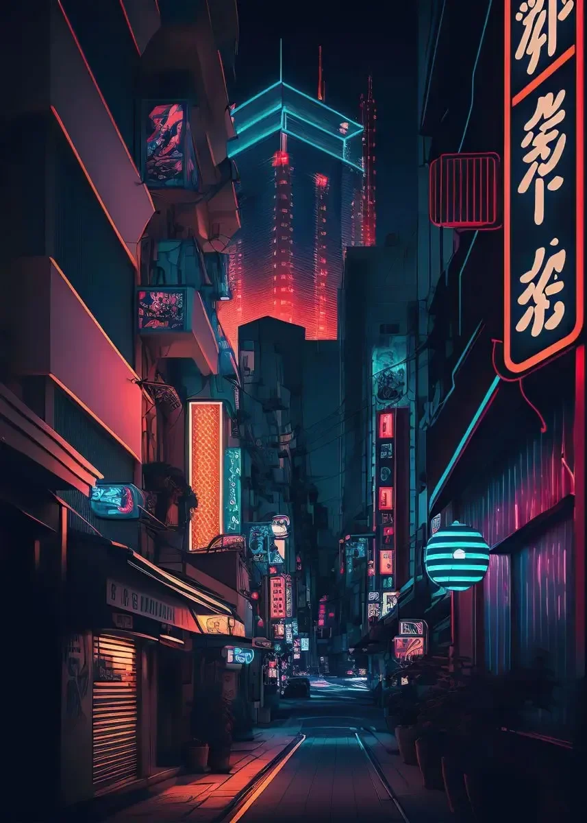 Neonowe miasto nocą - plakat w klimacie cyberpunk Brązowy