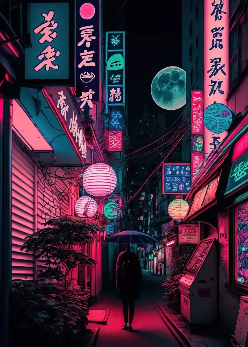 Neonowe miasto nocą - plakat w klimacie cyberpunk Czarny
