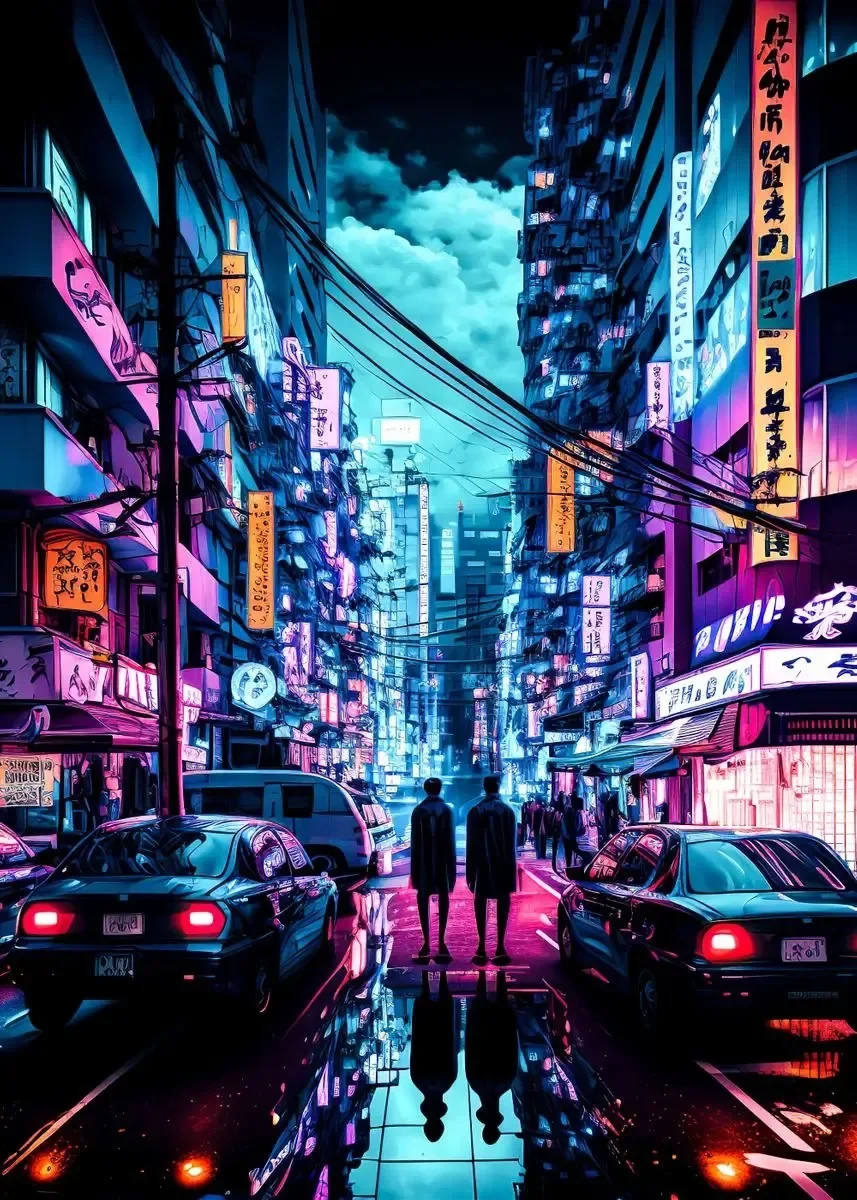 Neonowe miasto nocą - plakat w klimacie cyberpunk Fioletowy/фиолетовый