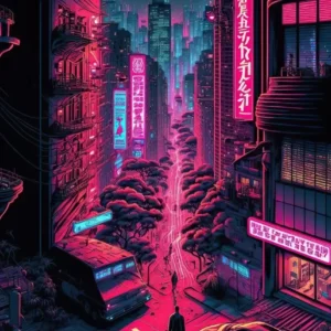 Neonowe miasto nocą - plakat w klimacie cyberpunk Granatowy
