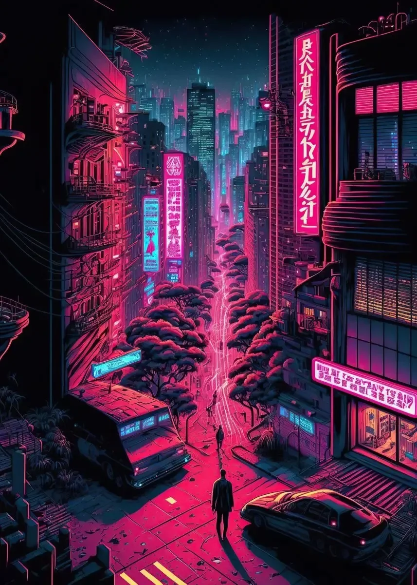 Neonowe miasto nocą - plakat w klimacie cyberpunk Granatowy
