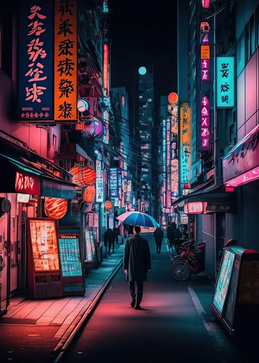 Neonowe miasto nocą - plakat w klimacie cyberpunk Jasnozielony