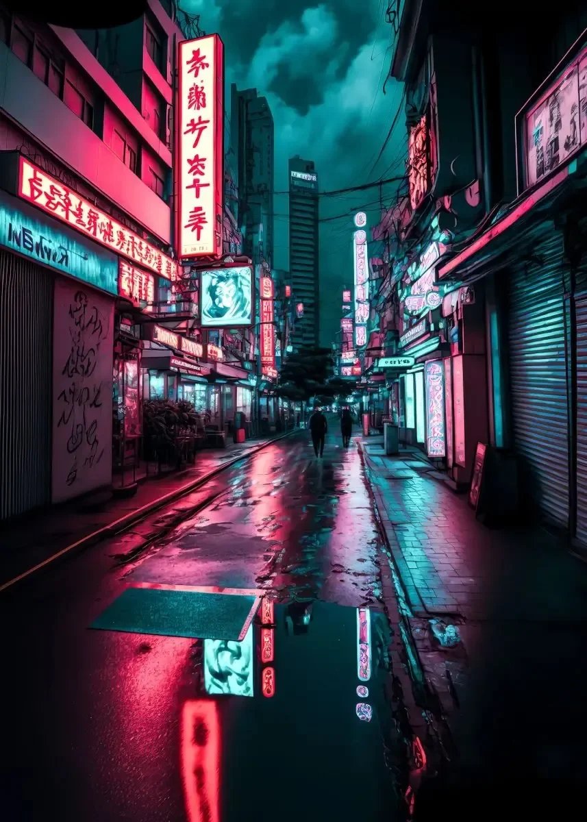 Neonowe miasto nocą - plakat w klimacie cyberpunk Jasnożółty
