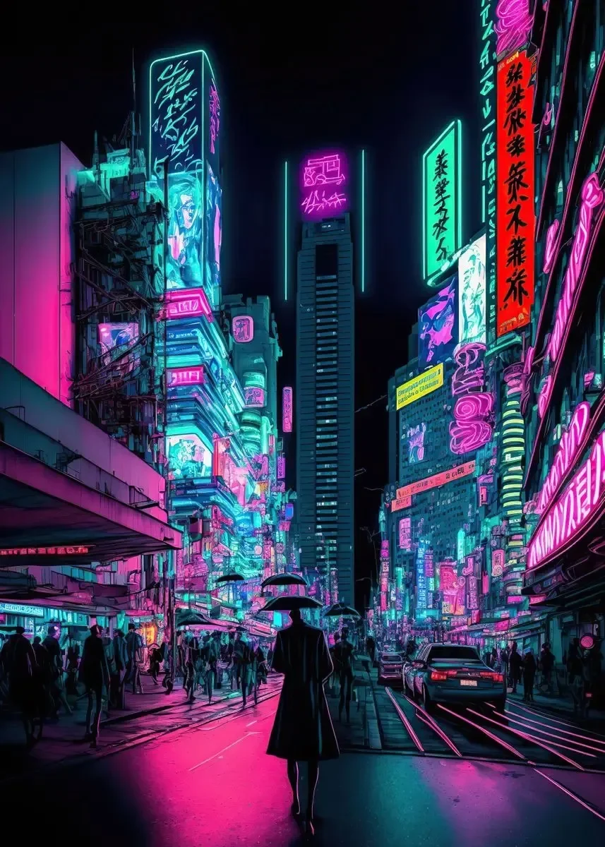 Neonowe miasto nocą - plakat w klimacie cyberpunk Jasny